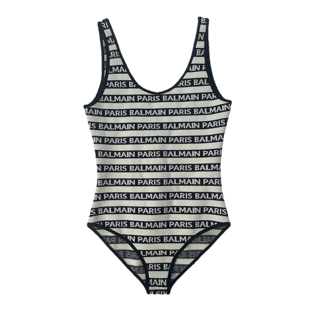 Balmain Women Black and White All Over Logo Bodysuit Size 34 (US 2 or XS)